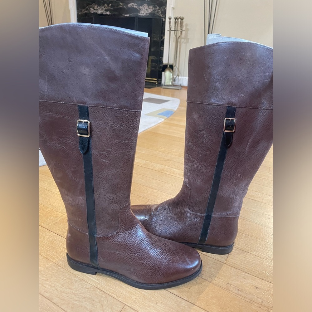 Brown Cole Haan Leather Boots with black strip and gold buckle, new with tags